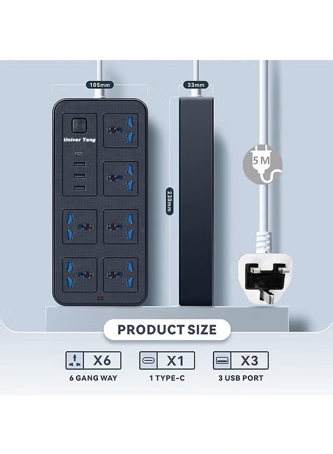 Univer Tang Extension Cord 5 meters with UK Plug 3 Pin, Power Strip & Extension Socket 6 Gang with 3 USB Ports + Type-C, Universal Electric Socket Outlet for Home, Kitchen & Office, 5 Meters - Image 2